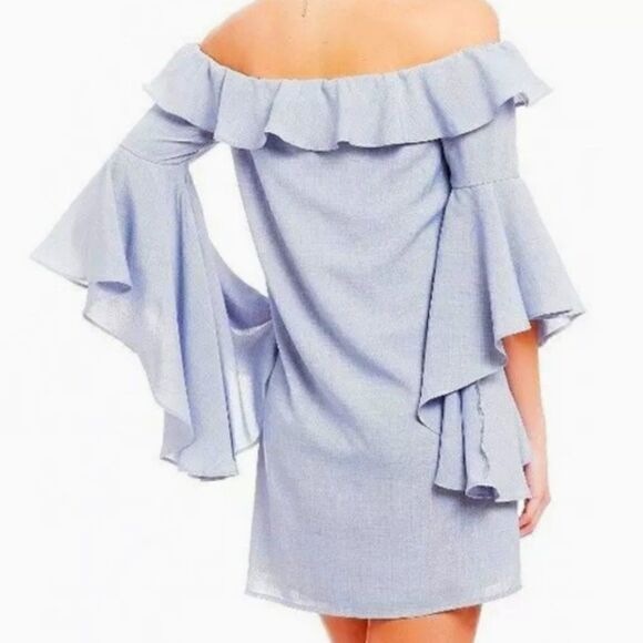 Chambray Grey-Blue Off-Shoulder Ruffle Dress - NWT - M - Picture 2 of 13